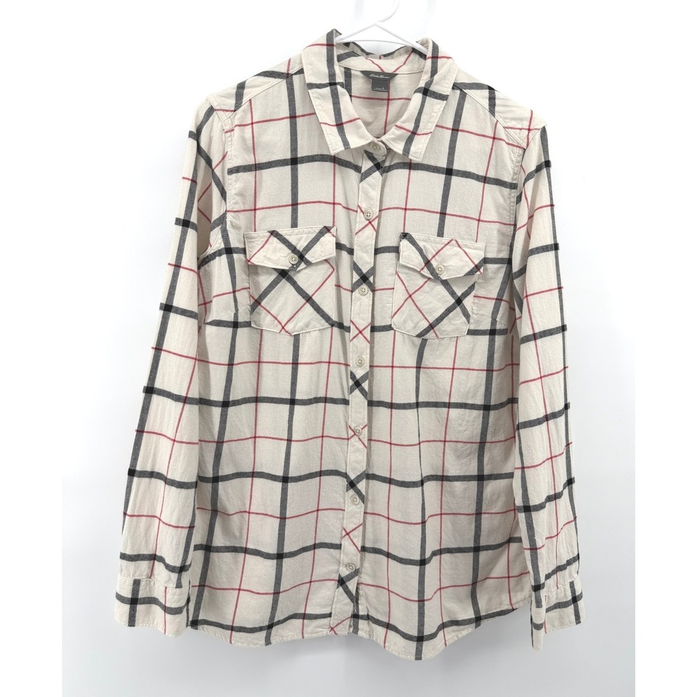 Eddie Bauer Flannel White Red Plaid Shirt Gorp Cabin Cotton Long Sleeve Women L